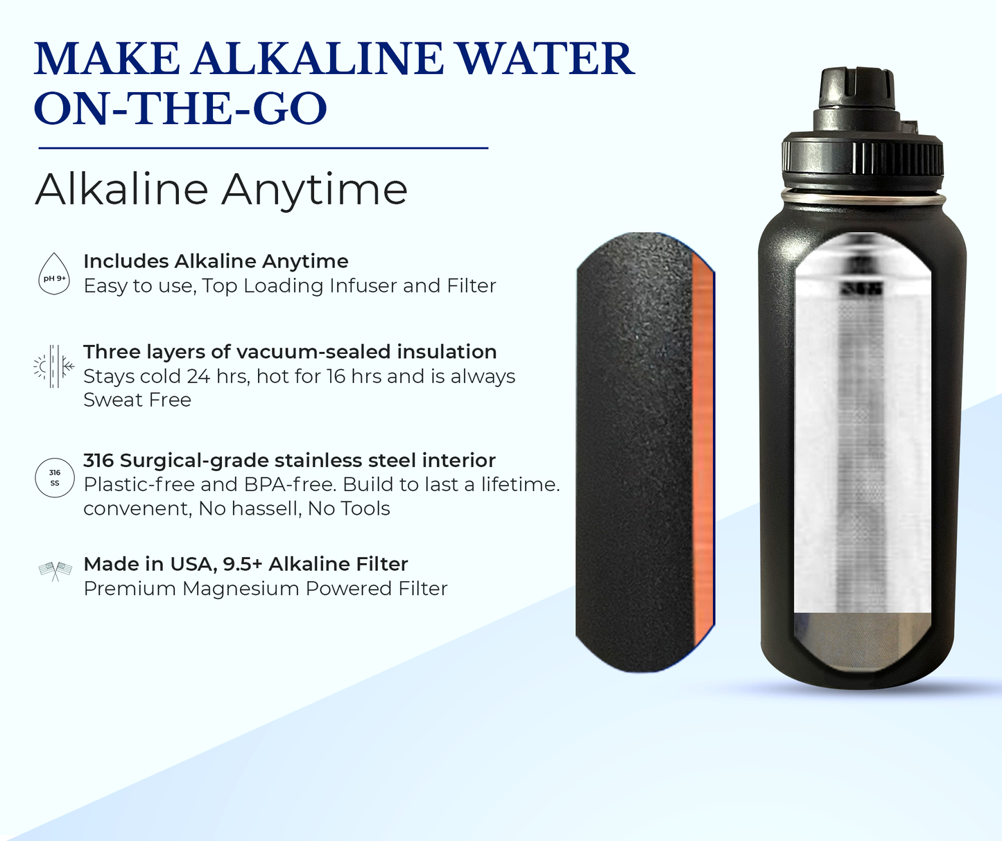32oz. Alkaline Water Bottle Stainless Steel | Creates pH Water up to 9.5+ pH | Wide Mouth Vacuum Insulated With Handle | Micromesh Pouch and Infuser