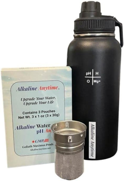 32oz. Alkaline Water Bottle Stainless Steel | Creates pH Water up to 9.5+ pH | Wide Mouth Vacuum Insulated With Handle | Micromesh Pouch and Infuser - Alkaline Anytime